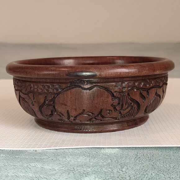 Rhino and Trees Wooden Bowl Sculpted Academia Handmade Africa Kenya Jewelry Etc - Picture 1 of 8